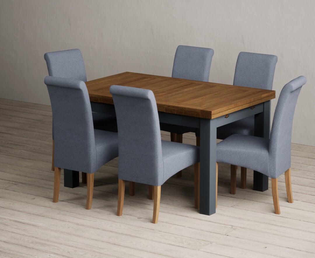 Extending Buxton 140cm Oak And Dark Blue Painted Dining Table With 6 Charcoal Grey Scroll Back Chairs