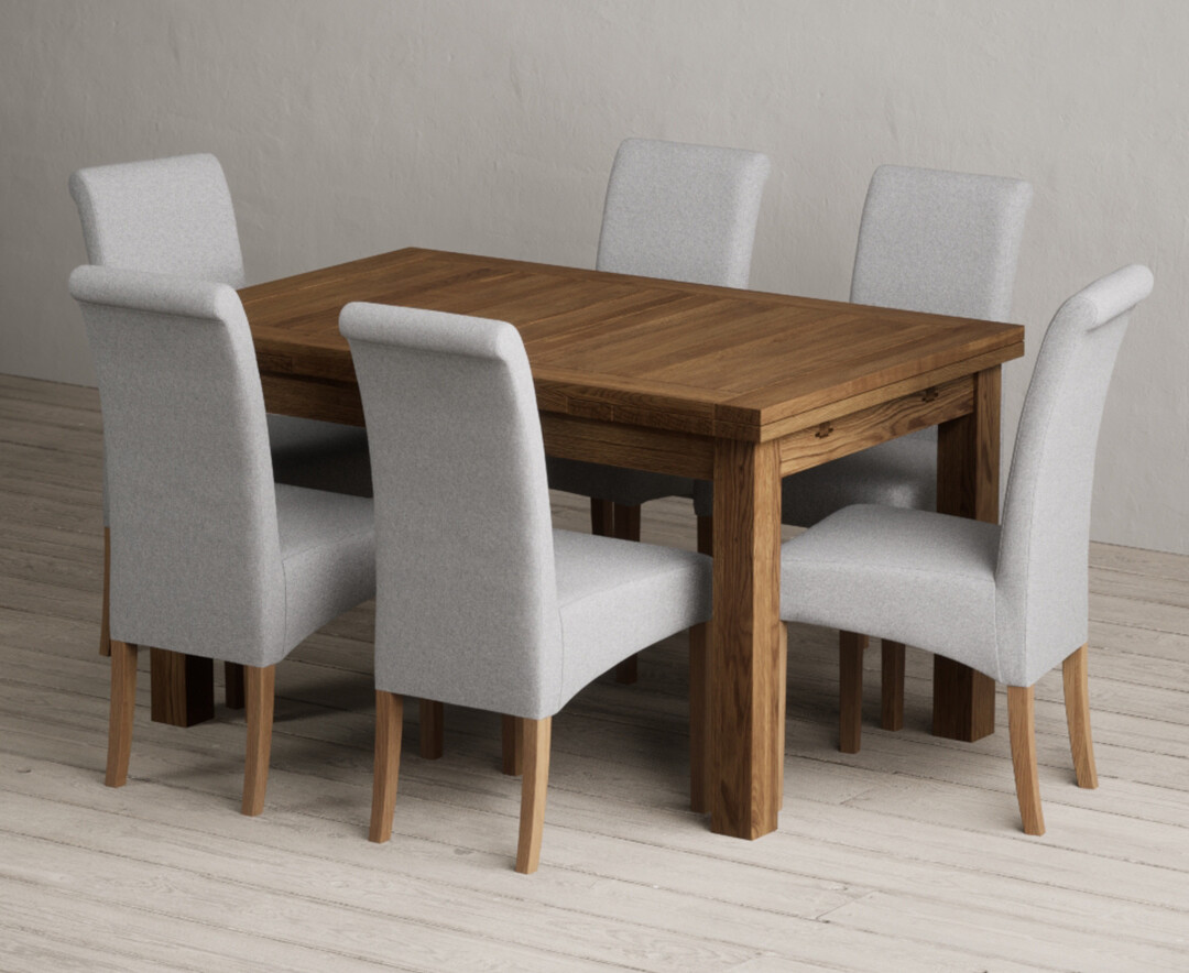Extending Buxton 140cm Rustic Solid Oak Dining Table With 6 Charcoal Grey Scroll Back Chairs