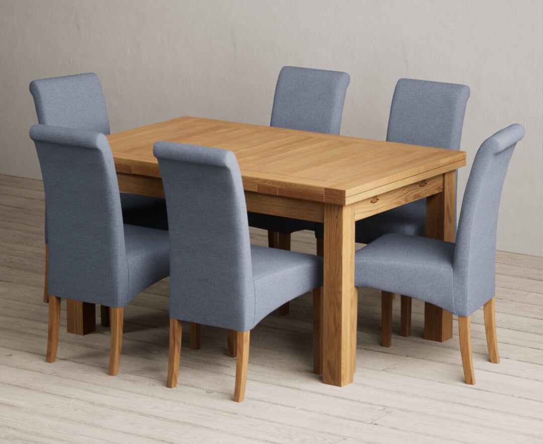 Extending Buxton 140cm Solid Oak Dining Table with 10 Blue Scroll Back Chairs