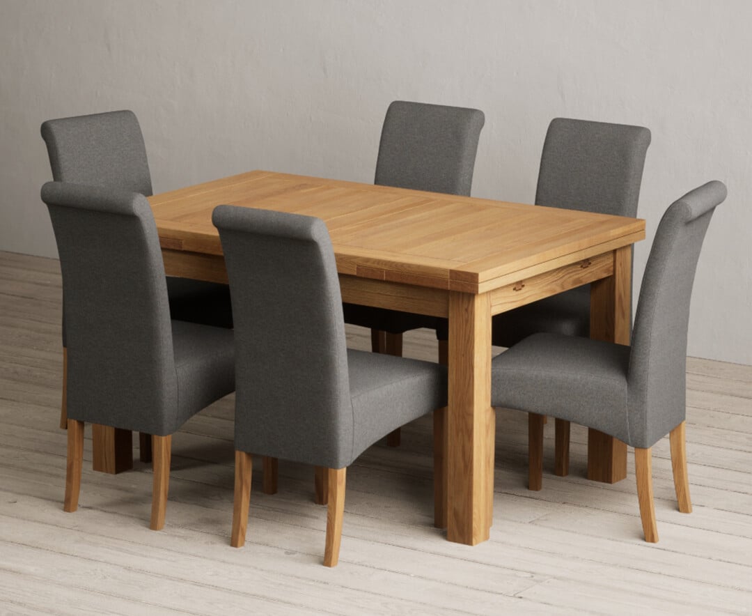 Extending Buxton 140cm Solid Oak Dining Table With 10 Blue Scroll Back Chairs