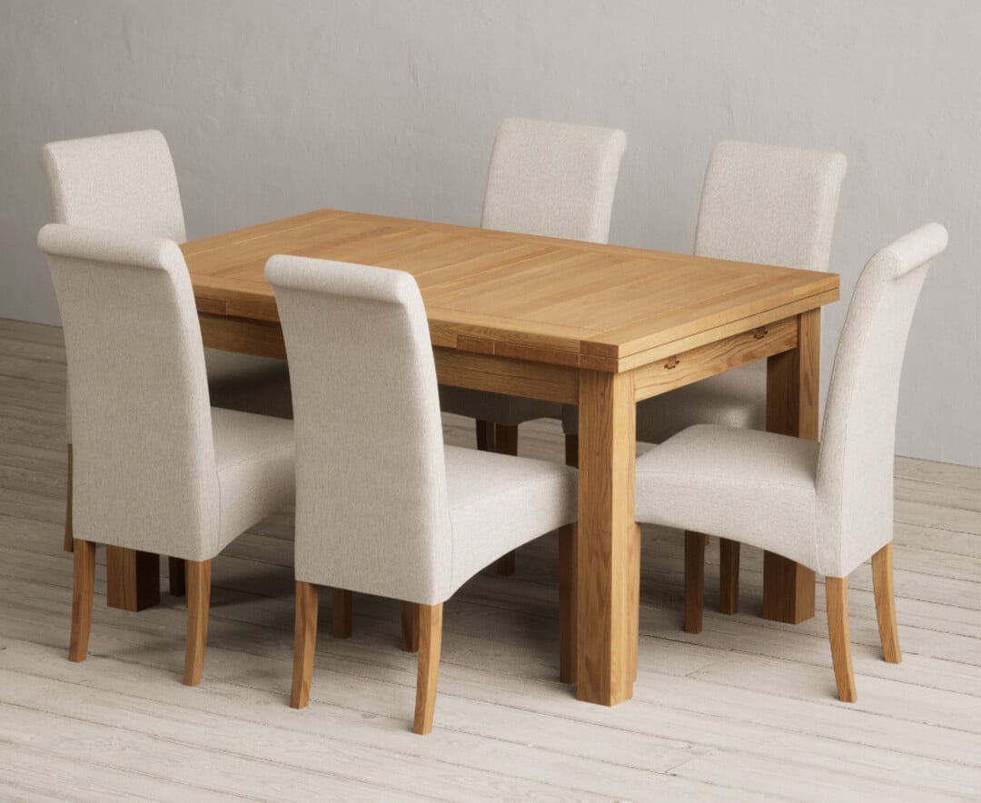 Extending Buxton 140cm Solid Oak Dining Table with 10 Natural Scroll Back Chairs
