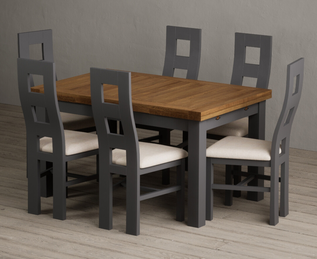 Extending Buxton 140cm Oak and Charcoal Grey Painted Dining Table with 8 Light Grey Painted Chairs