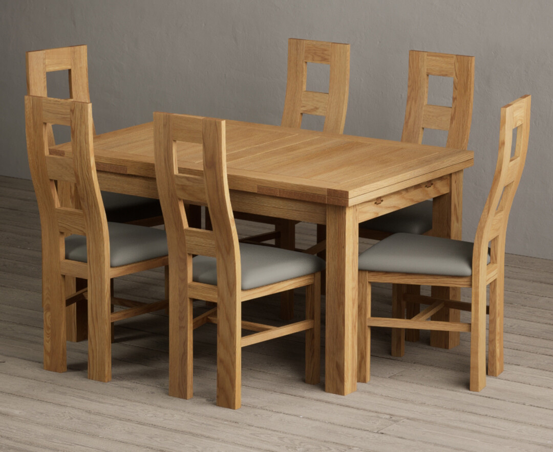 Extending Buxton 140cm Solid Oak Dining Table with 8 Grey Natural Solid Oak Chairs