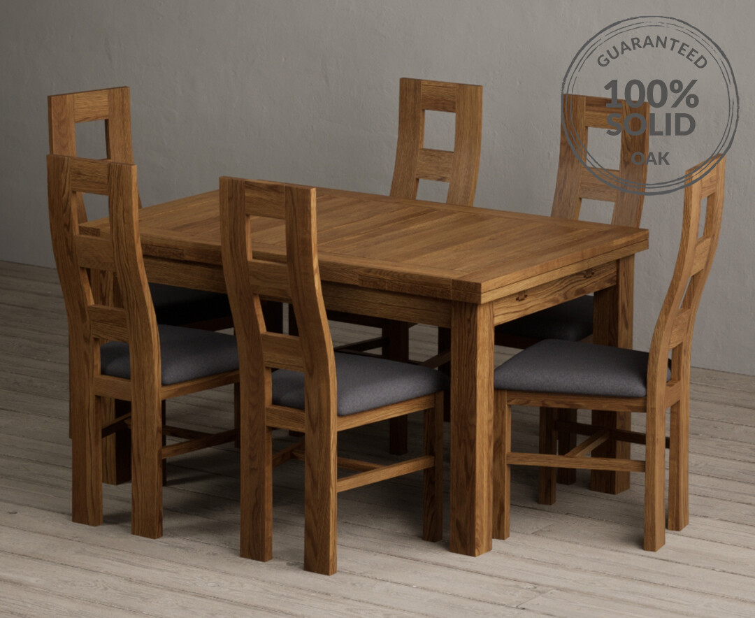 Extending Buxton 140cm Rustic Solid Oak Dining Table with 6 Charcoal ...