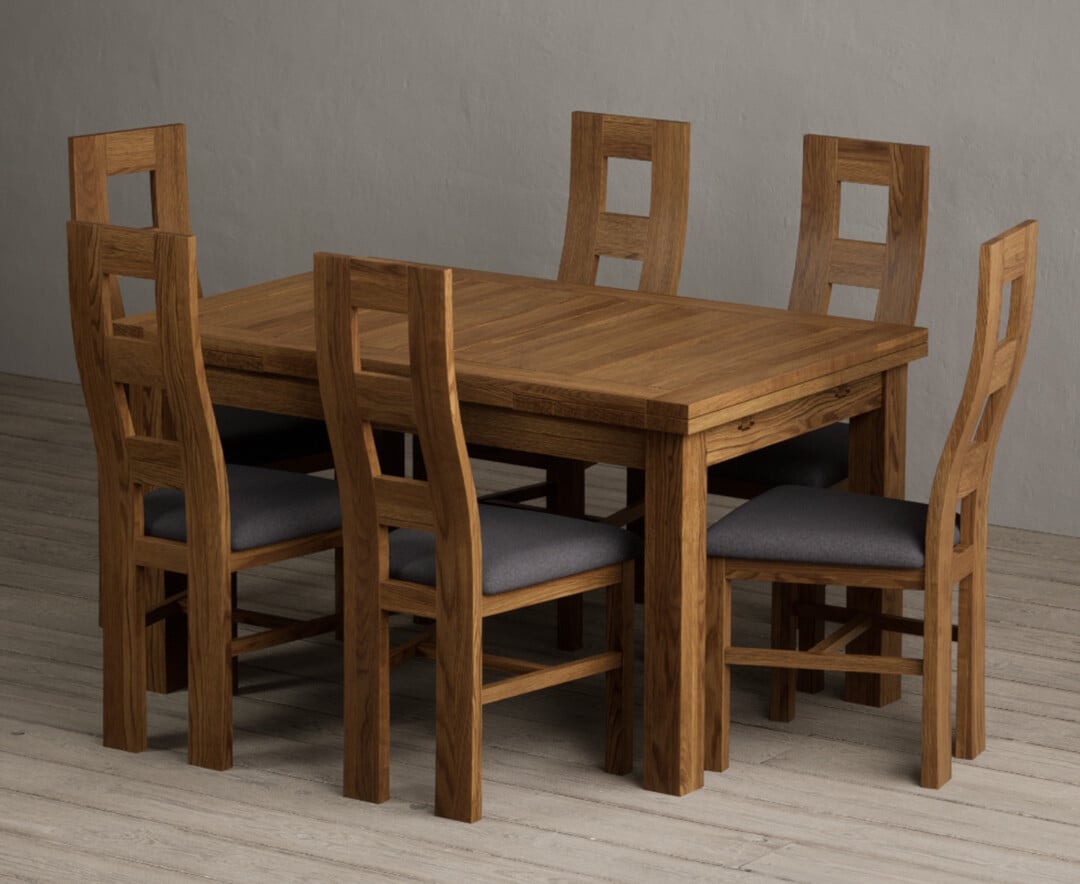 Extending Buxton 140cm Rustic Solid Oak Dining Table With 6 Linen Rustic Solid Oak Chairs