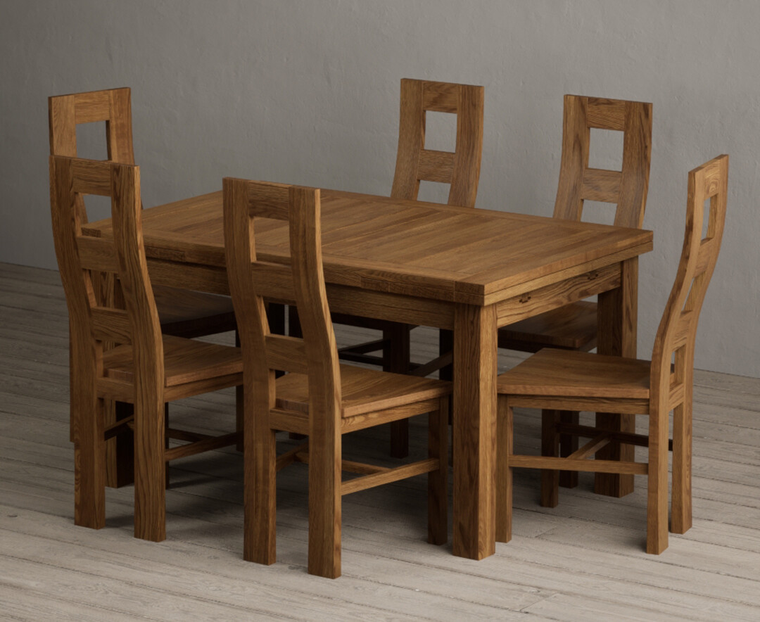 Extending Buxton 140cm Rustic Solid Oak Dining Table with 8 Brown Rustic Solid Oak Chairs