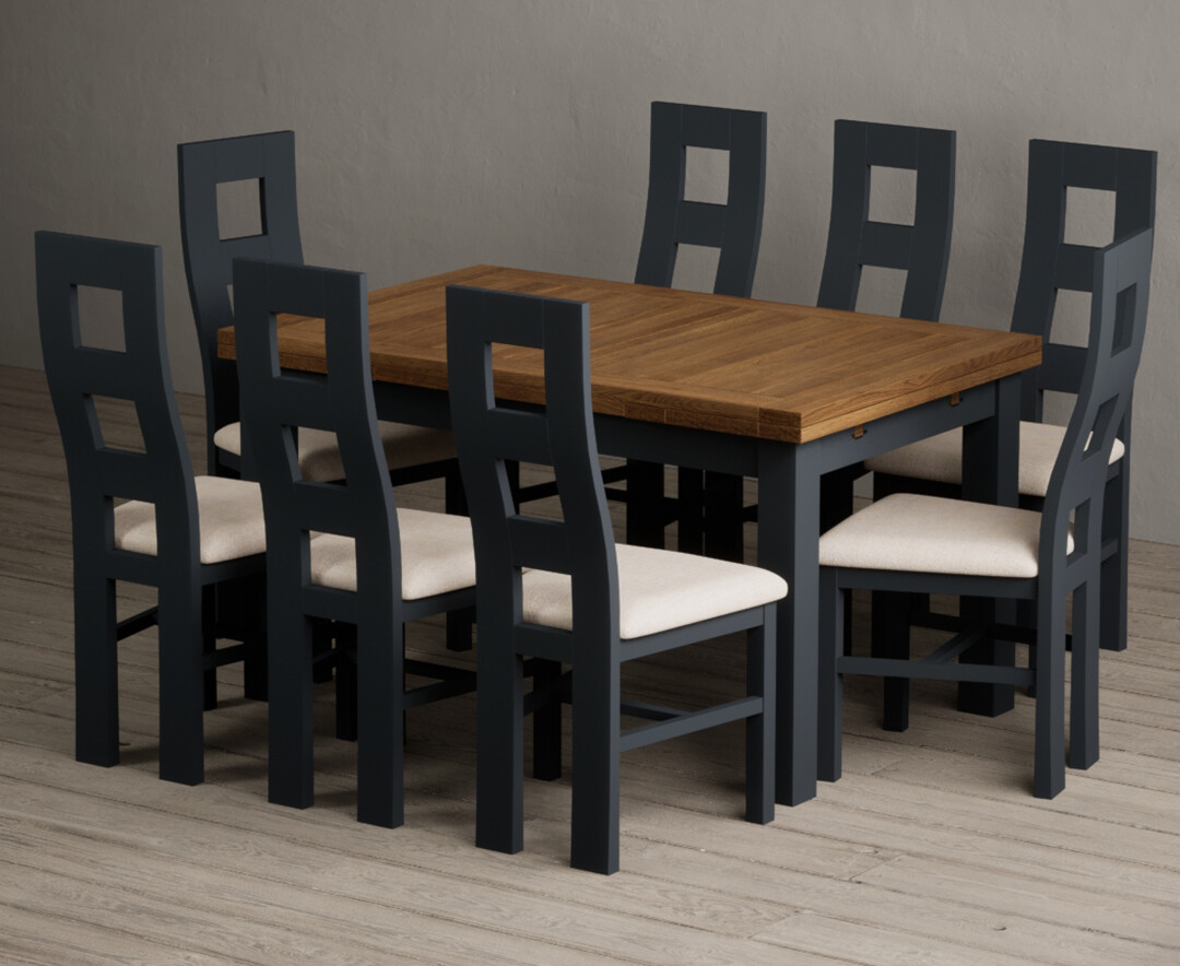 Extending Buxton 140cm Oak and Dark Blue Painted Dining Table with 8 Light Grey Painted Chairs