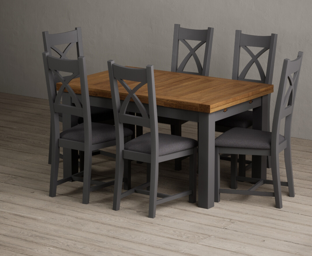 Extending Buxton 140cm Oak And Charcoal Grey Painted Dining Table With 6 Linen Painted Chairs