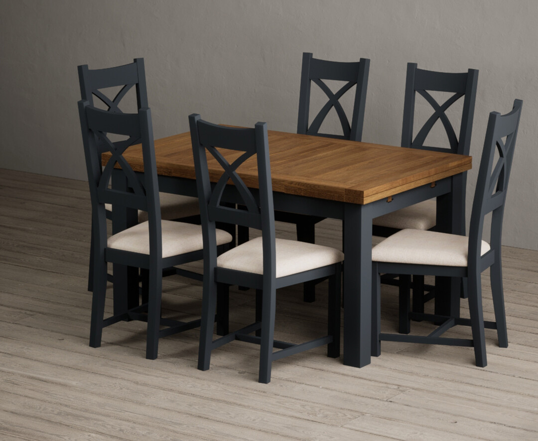 Extending Buxton 140cm Oak And Dark Blue Painted Dining Table With 6 Rustic Oak Painted Chairs