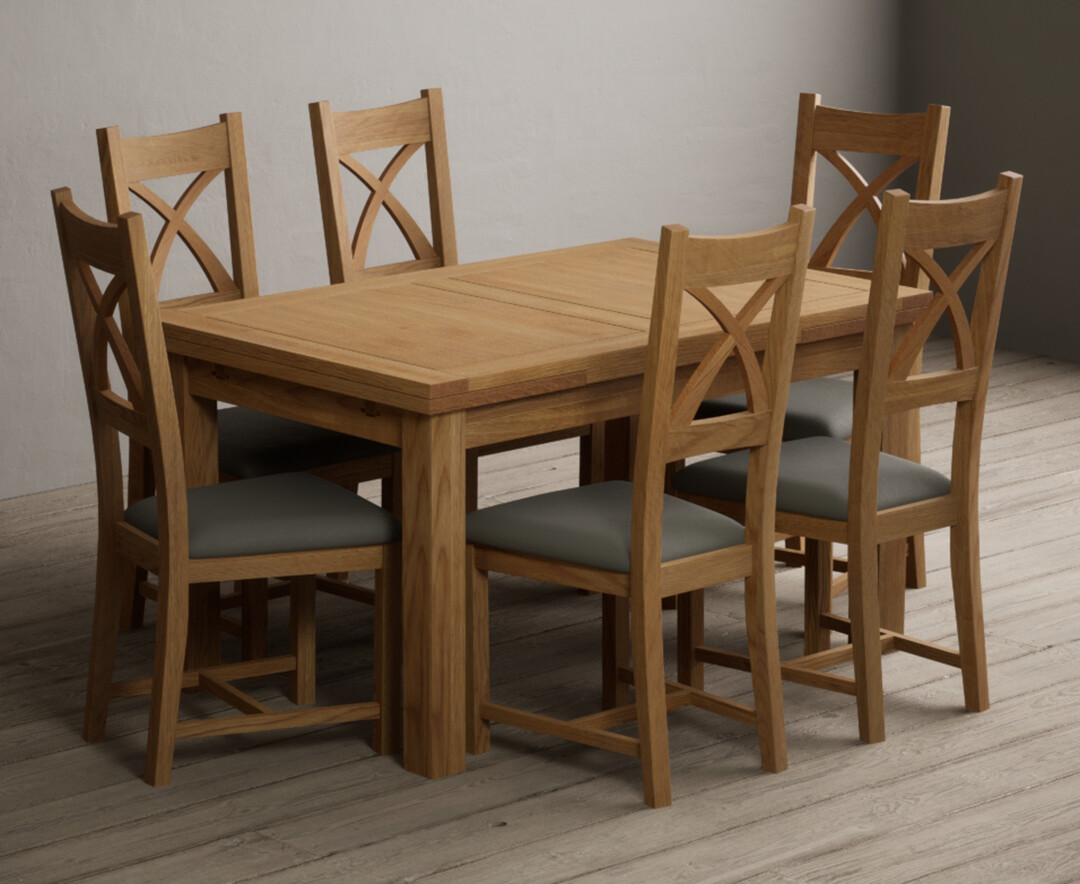 Extending Buxton 140cm Solid Oak Dining Table with 6 Grey Natural Solid Oak Chairs