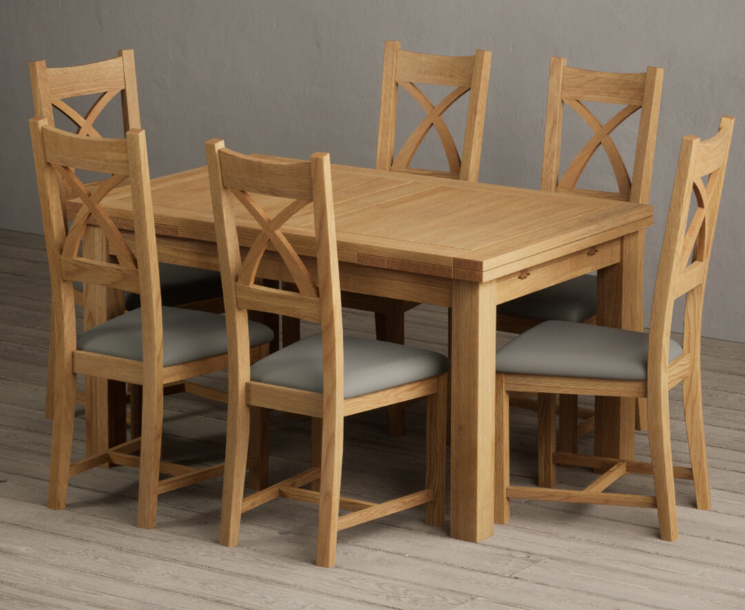 Extending Buxton 140cm Solid Oak Dining Table with 8 Grey Natural Solid Oak Chairs