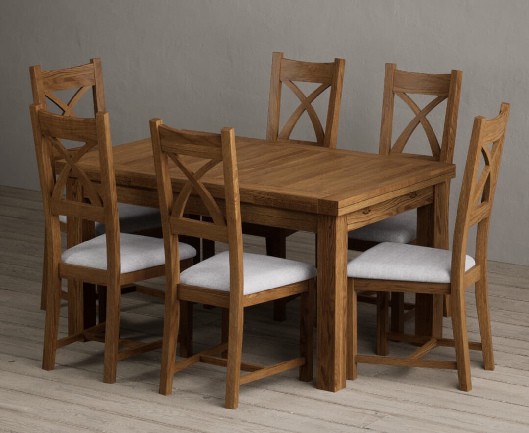 Extending Buxton 140cm Rustic Solid Oak Dining Table with 8 Blue Rustic Solid Oak Chairs