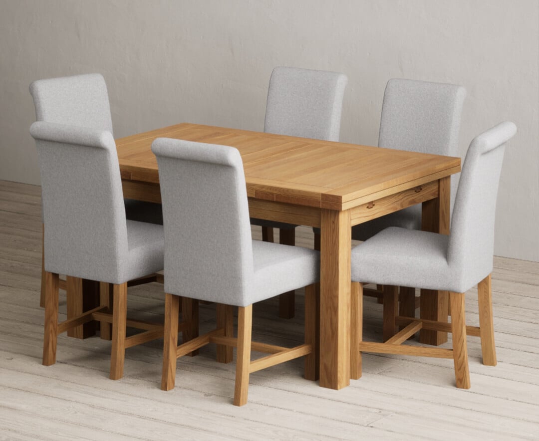 Extending Buxton 140cm Solid Oak Dining Table with 10 Grey Braced Chairs