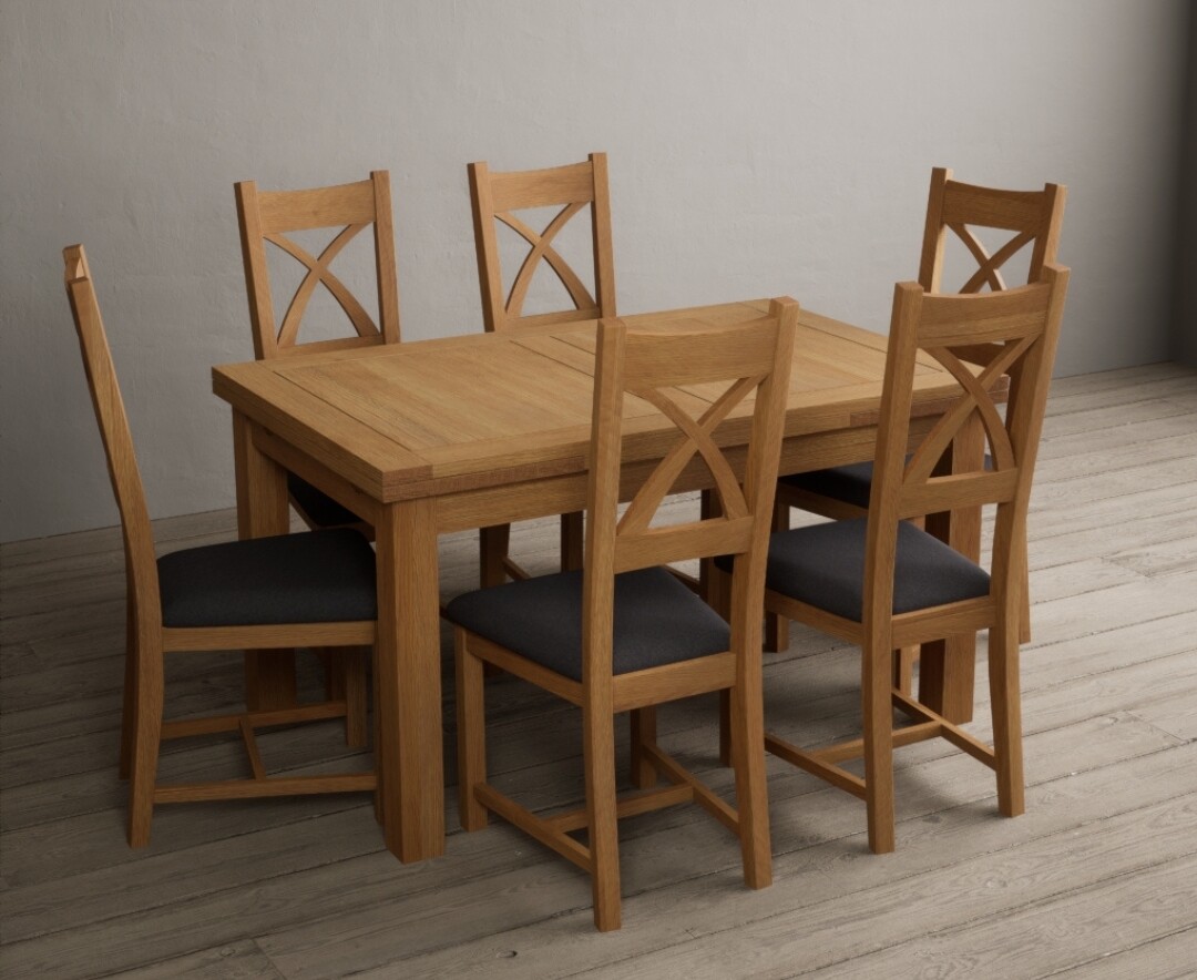 Extending Buxton 140cm Solid Oak Dining Table With 10 Charcoal Grey Natural Solid Oak Chairs
