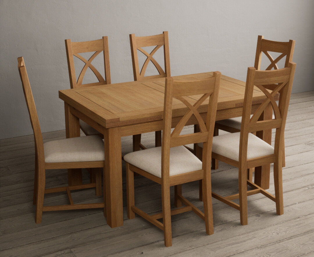 Extending Buxton 140cm Solid Oak Dining Table with 10 Linen Natural Solid Oak Chairs