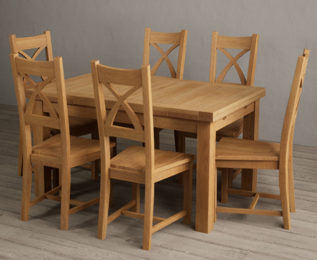 Extending Buxton 140cm Solid Oak Dining Table with 8 Blue Natural Solid Oak Chairs