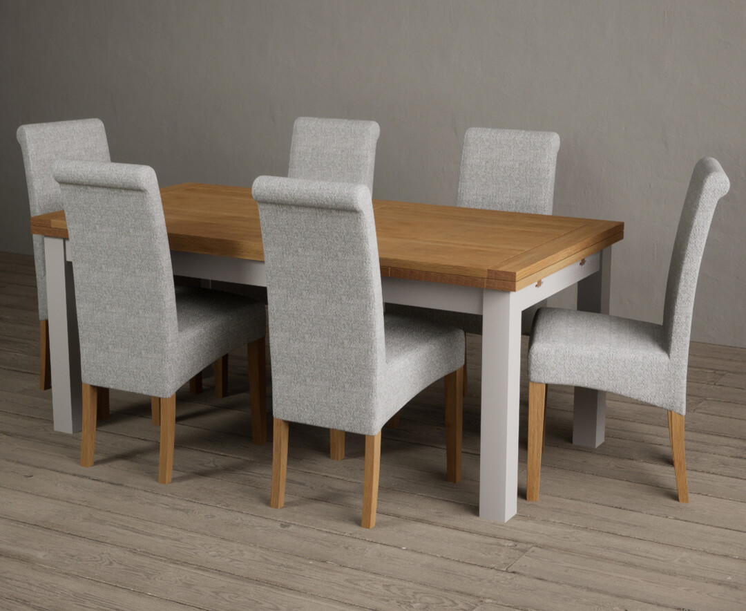 Extending Buxton 180cm Oak and Soft White Painted Dining Table with 10 Blue Scroll Back Chairs from Oak Furniture Superstore