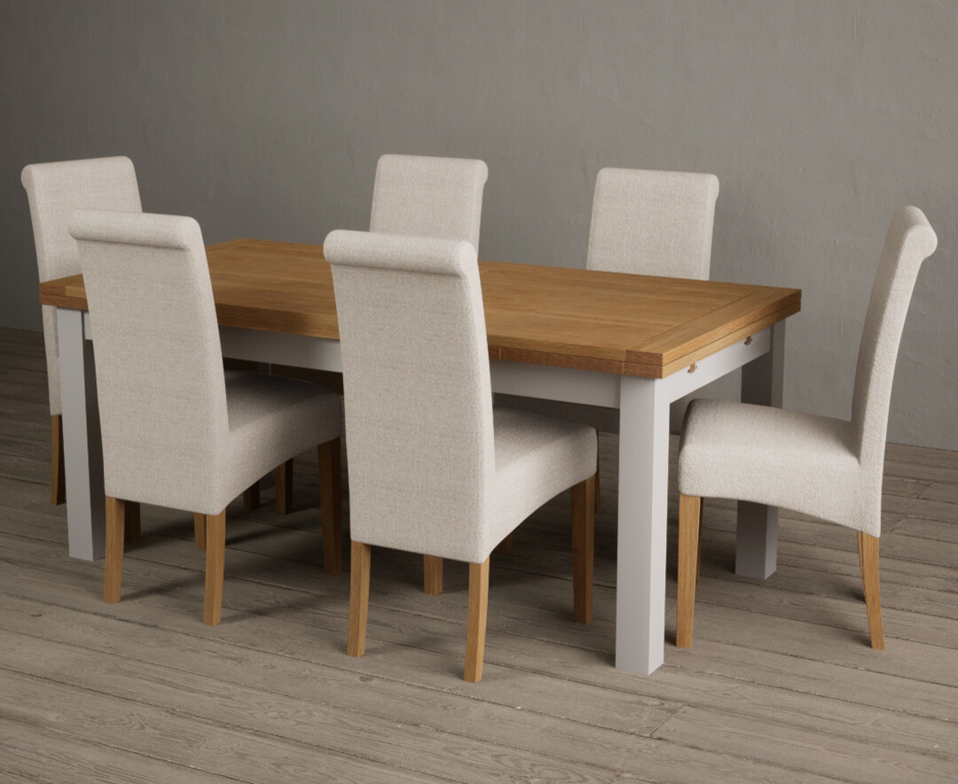 Extending Buxton 180cm Oak and Soft White Painted Dining Table with 10 Blue Scroll Back Chairs from Oak Furniture Superstore