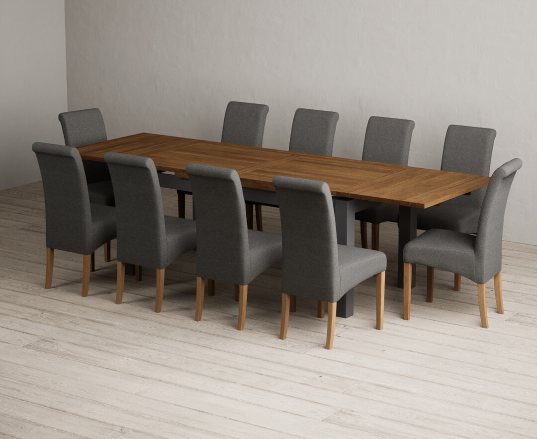 Extending Buxton 180cm Oak and Charcoal Grey Dining Table with 10 Charcoal Grey Scroll Back Chairs