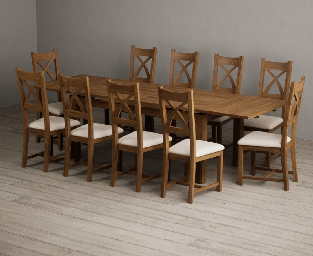 Extending Buxton 180cm Rustic Solid Oak Dining Table with 10 Brown Rustic Solid Oak Chairs