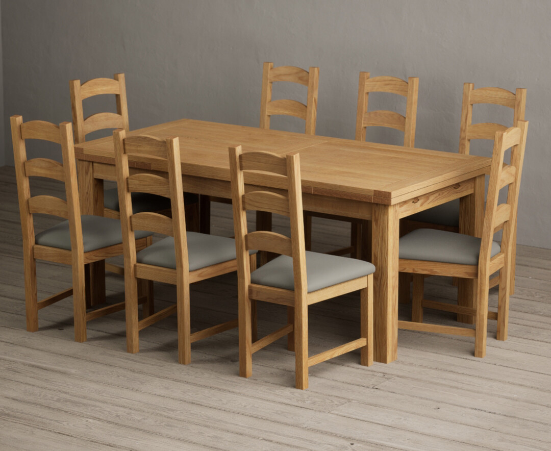 Extending Buxton 180cm Solid Oak Dining Table with 8 Grey Alton Chairs