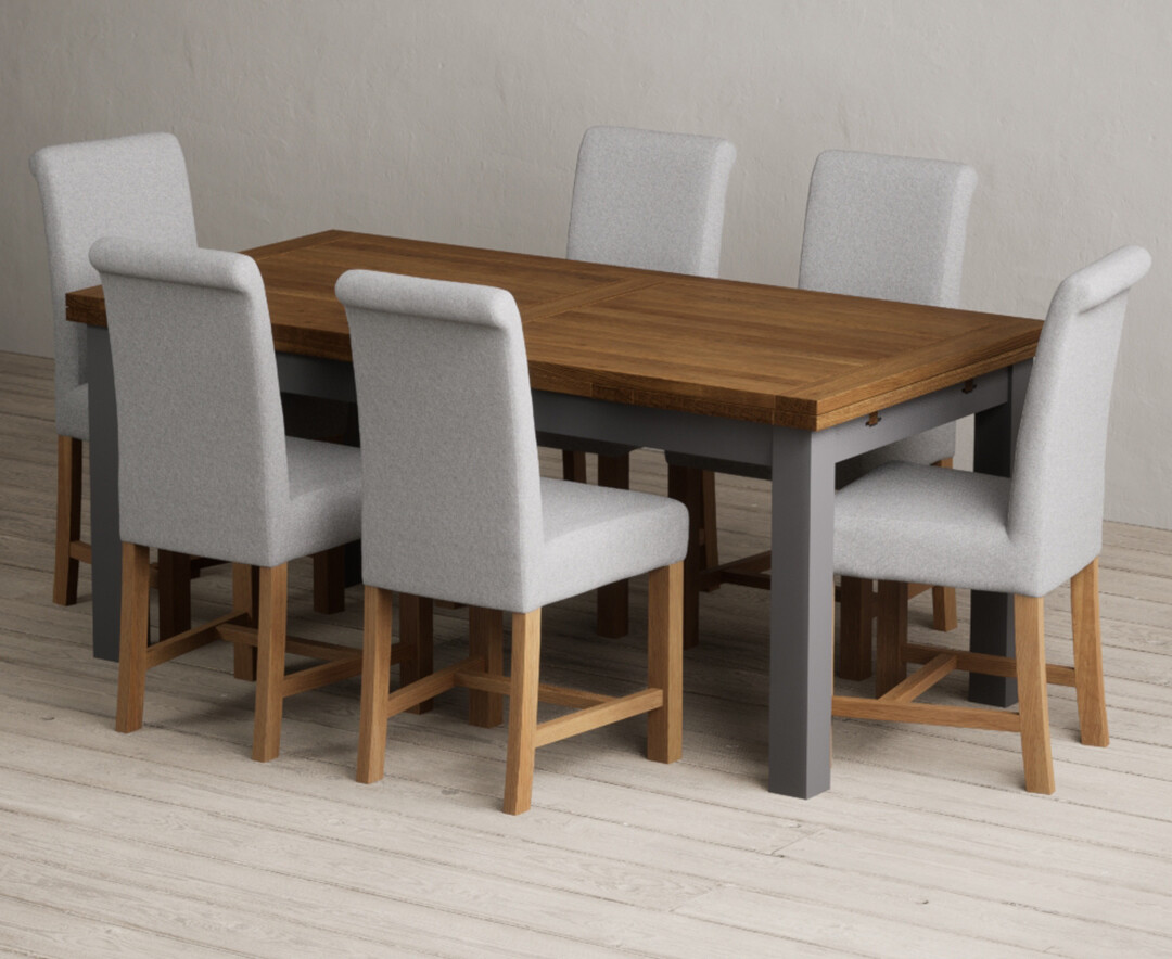 Extending Buxton 180cm Oak And Charcoal Grey Painted Dining Table With 12 Grey Braced Chairs