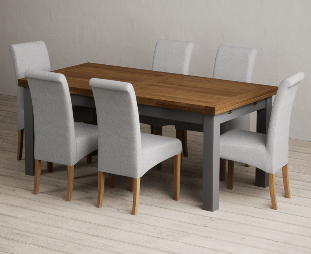 Extending Buxton 180cm Oak And Charcoal Grey Painted Dining Table With 12 Blue Scroll Back Chairs