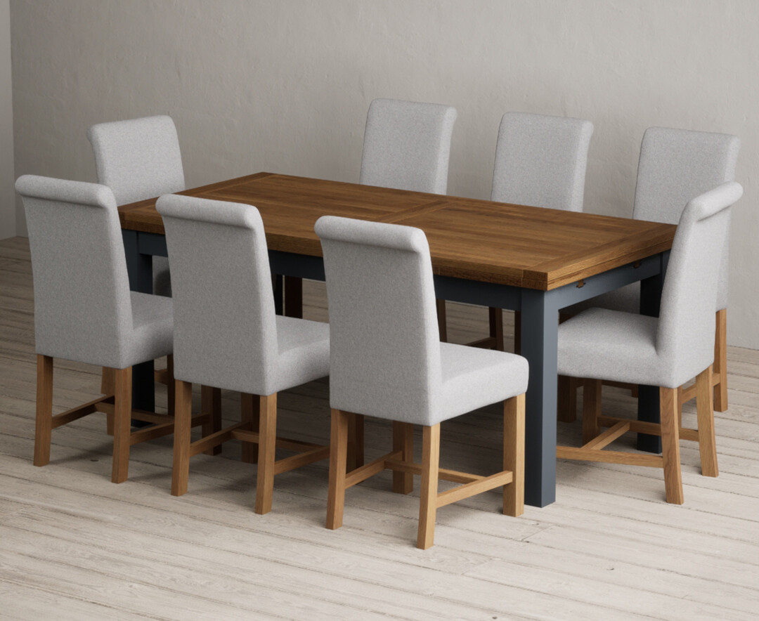Extending Buxton 180cm Oak And Dark Blue Painted Dining Table With 12 Blue Braced Chairs