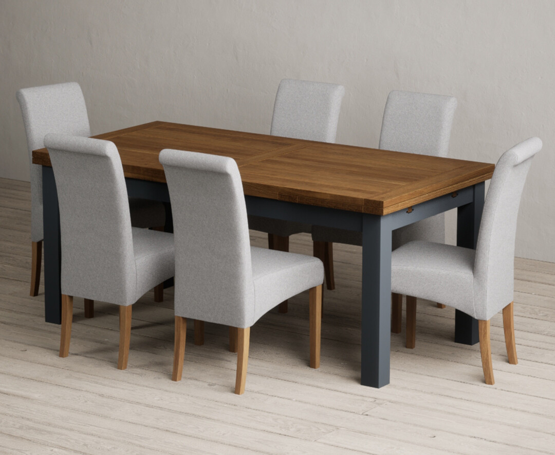Extending Buxton 180cm Oak And Dark Blue Painted Dining Table With 8 Charcoal Grey Scroll Back Chairs