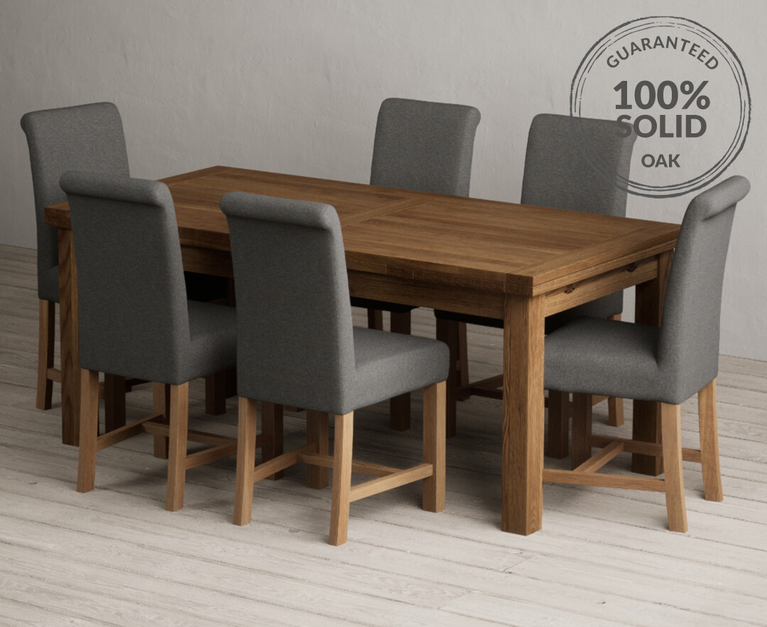 Extending Buxton 180cm Rustic Solid Oak Dining Table with 6 Charcoal ...