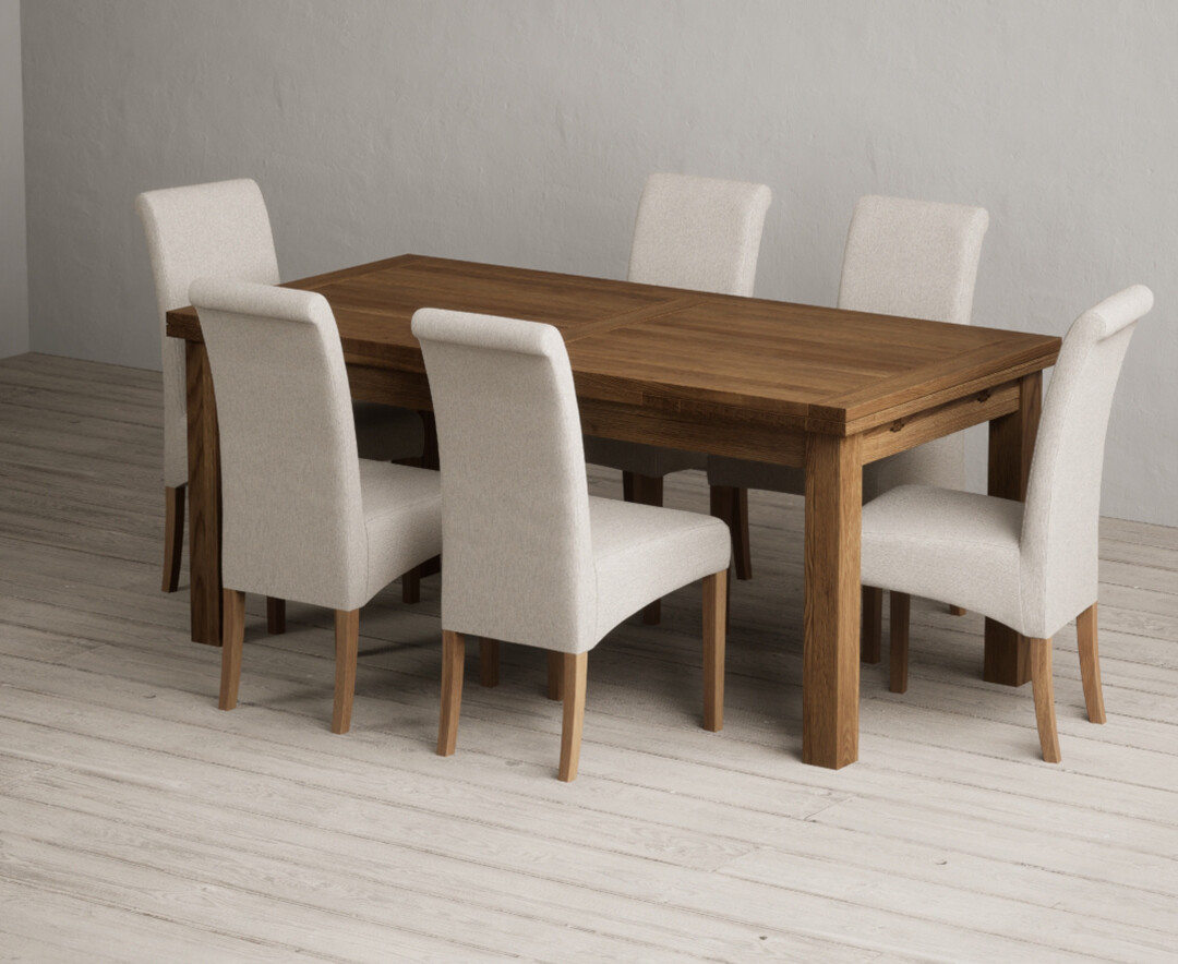 Extending Buxton 180cm Rustic Solid Oak Dining Table With 6 Natural Scroll Back Chairs