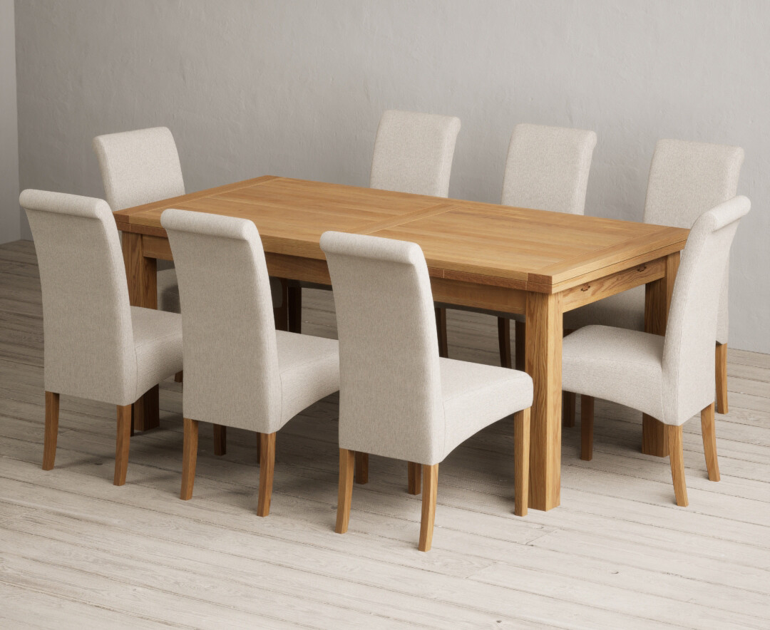 Extending Buxton 180cm Solid Oak Dining Table With 8 Blue Scroll Back Chairs
