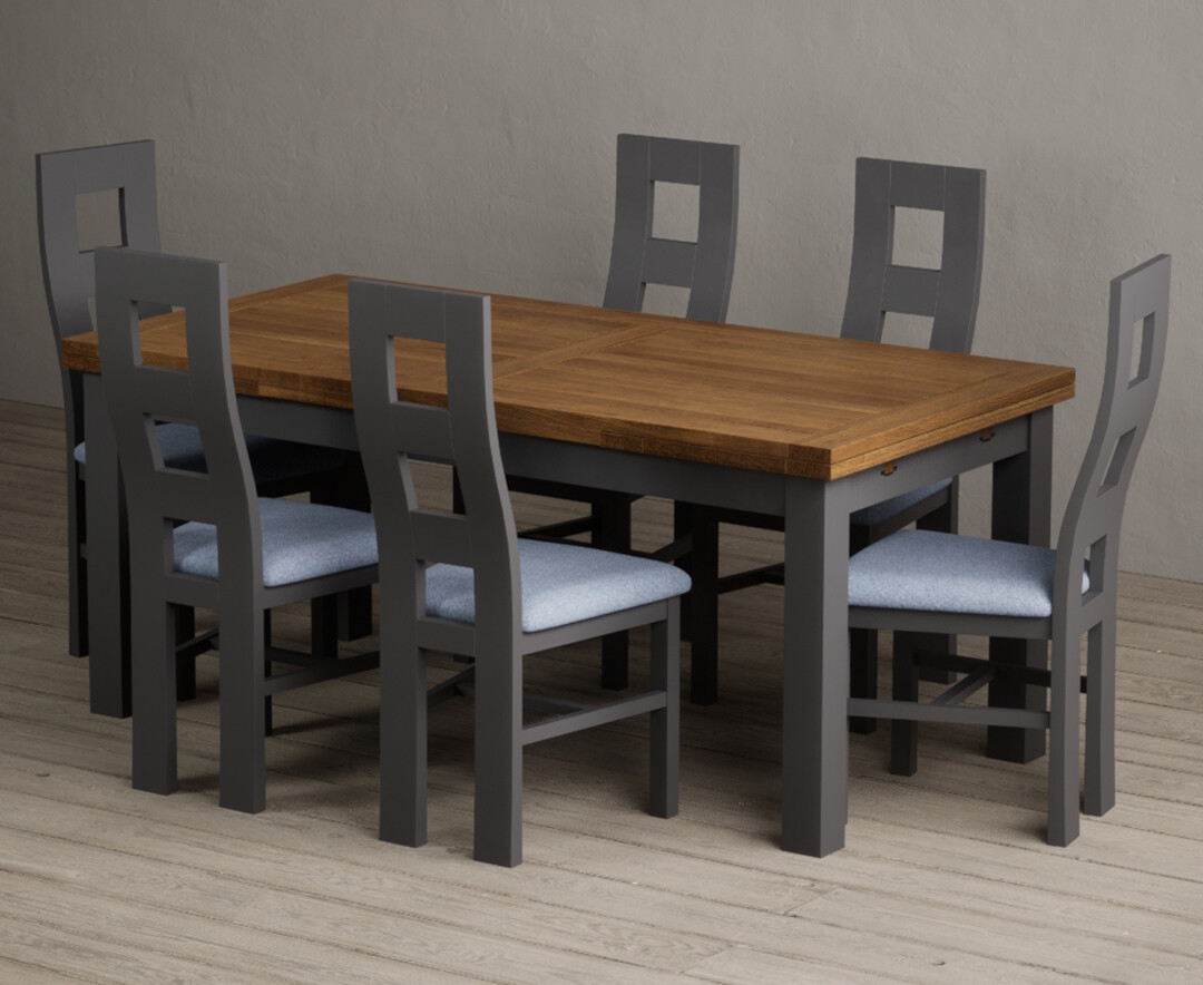 Extending Buxton 180cm Oak and Charcoal Grey Painted Dining Table with 8 Blue Painted Chairs