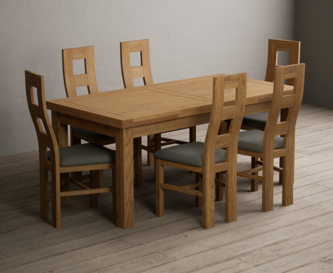 Extending Buxton 180cm Solid Oak Dining Table with 6 Grey Natural Solid Oak Chairs