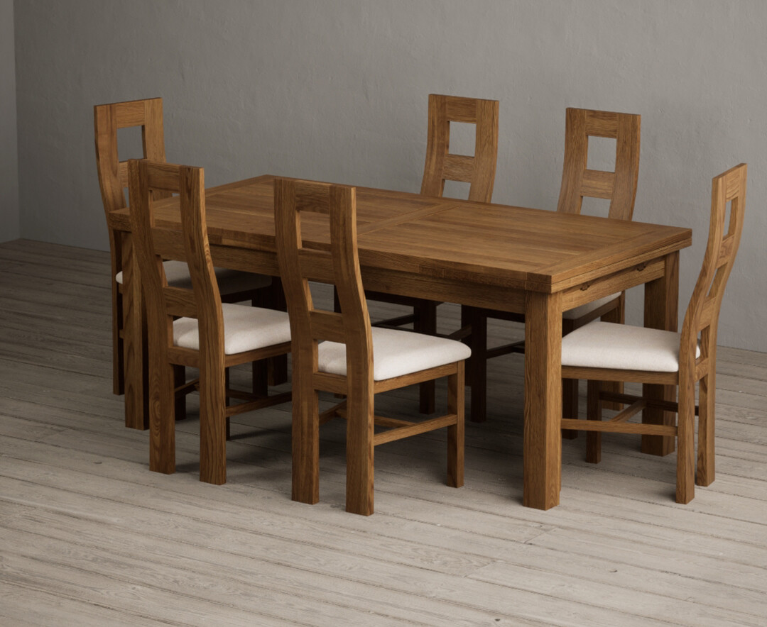 Extending Buxton 180cm Rustic Solid Oak Dining Table With 8 Linen Rustic Solid Oak Chairs