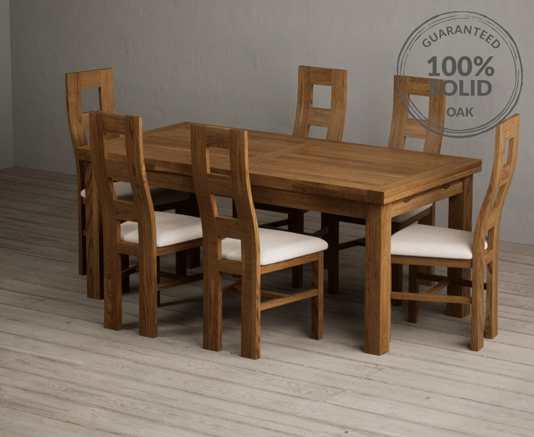 Extending Buxton 180cm Rustic Solid Oak Dining Table with 6 Linen ...