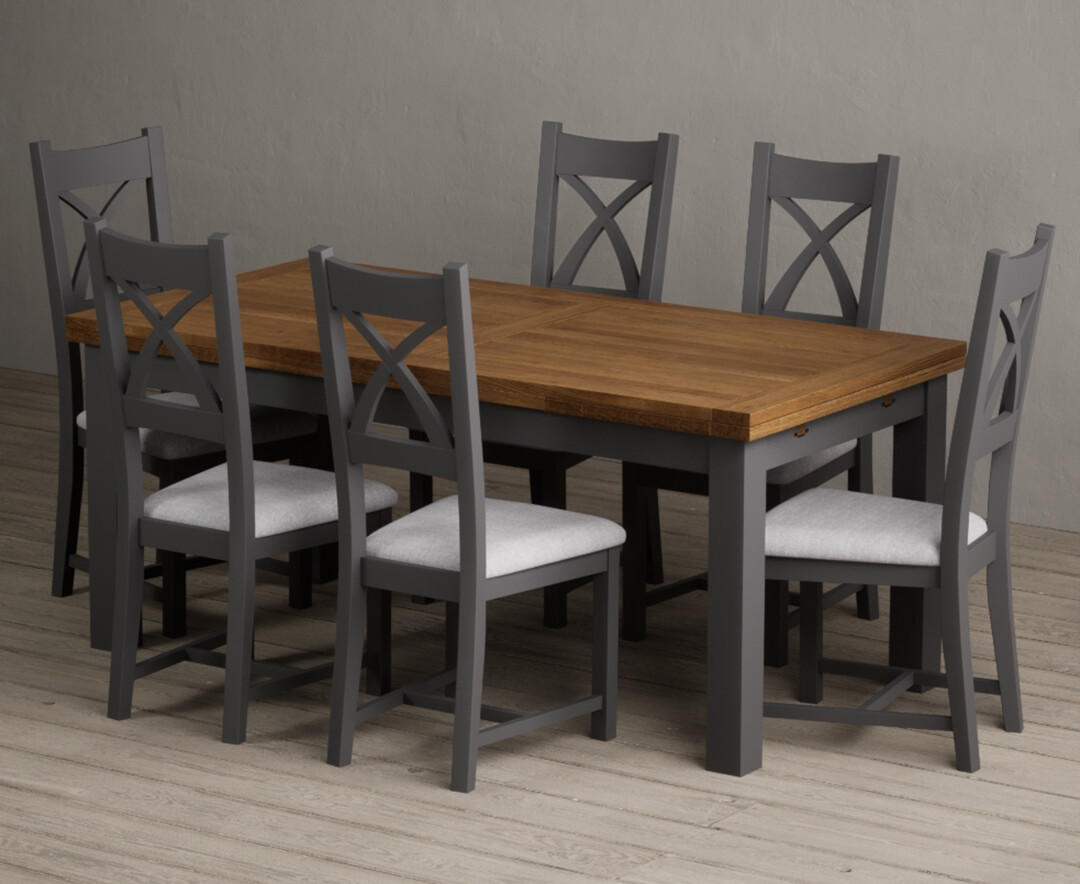 Extending Buxton 180cm Oak And Charcoal Grey Painted Dining Table With 10 Linen Painted Chairs