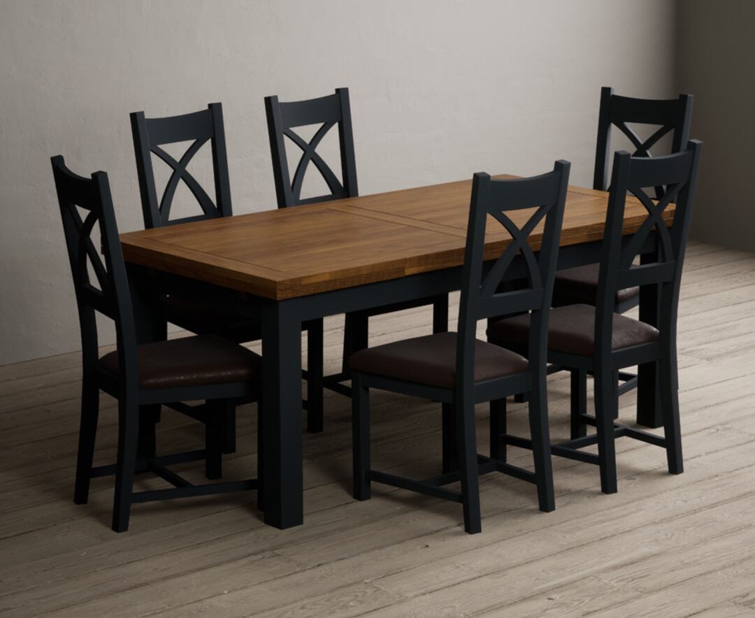 Extending Buxton 180cm Oak And Dark Blue Painted Dining Table With 6 Brown Painted Chairs