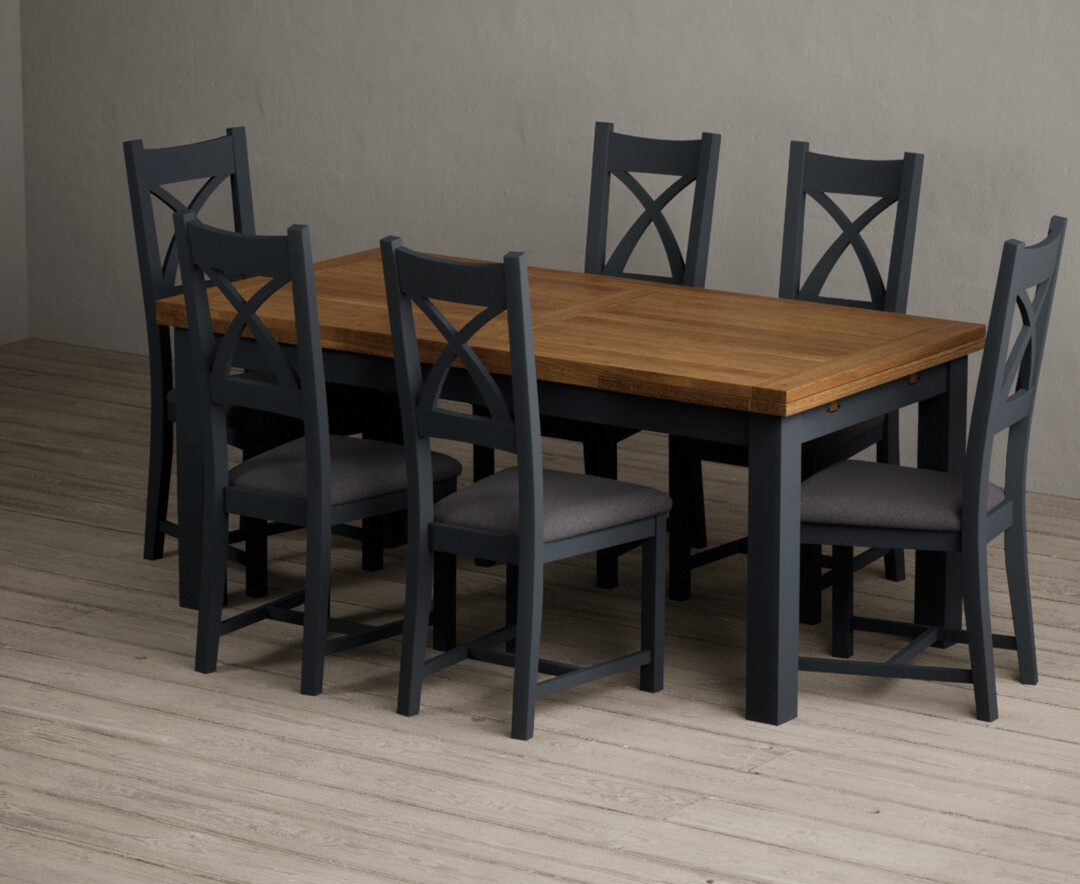 Extending Buxton 180cm Oak And Dark Blue Painted Dining Table With 12 Light Grey Painted Chairs