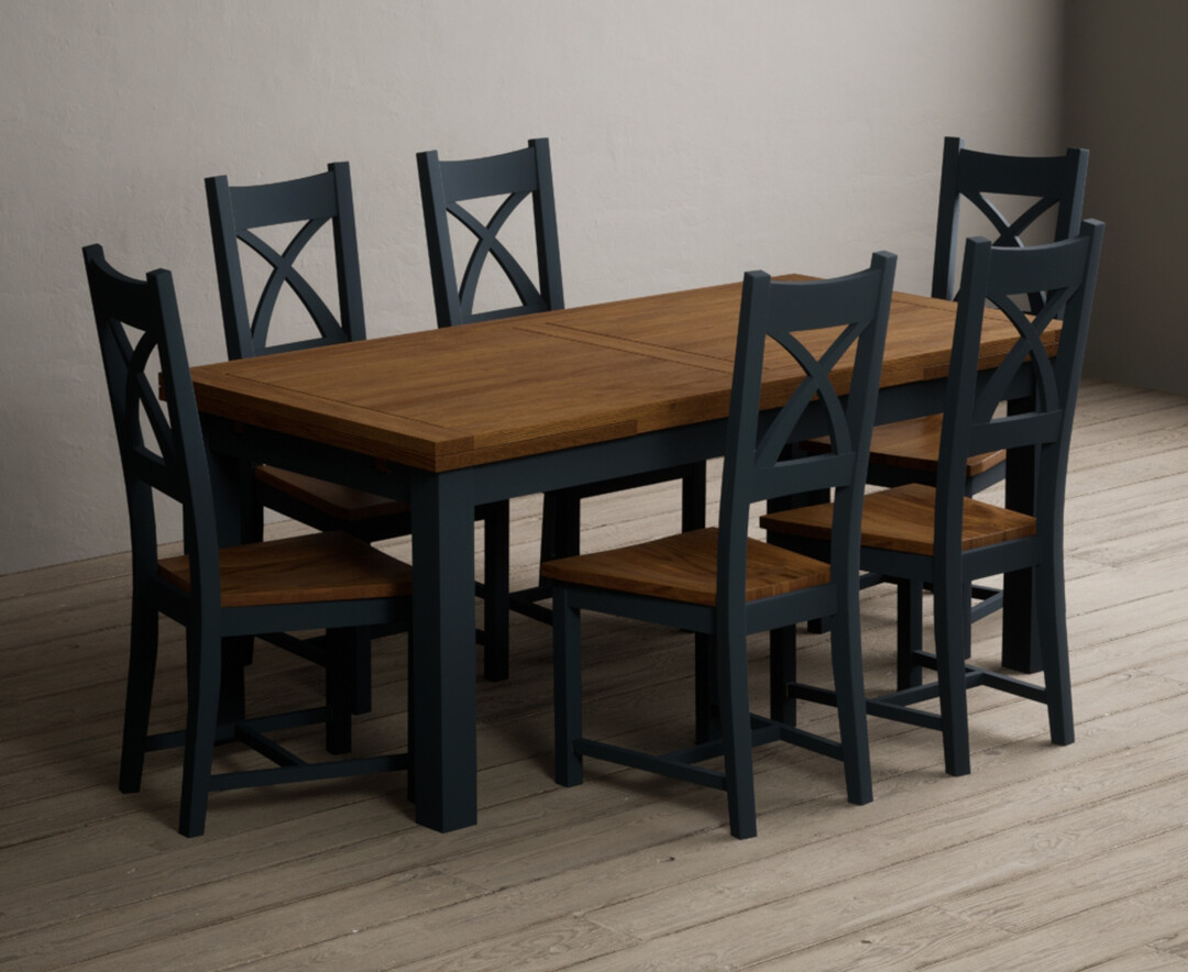 Extending Buxton 180cm Oak And Dark Blue Painted Dining Table With 6 Rustic Oak Painted Chairs