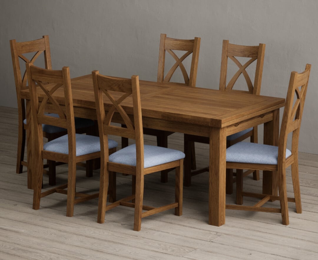Extending Buxton 180cm Rustic Solid Oak Dining Table with 10 Brown Rustic Solid Oak Chairs