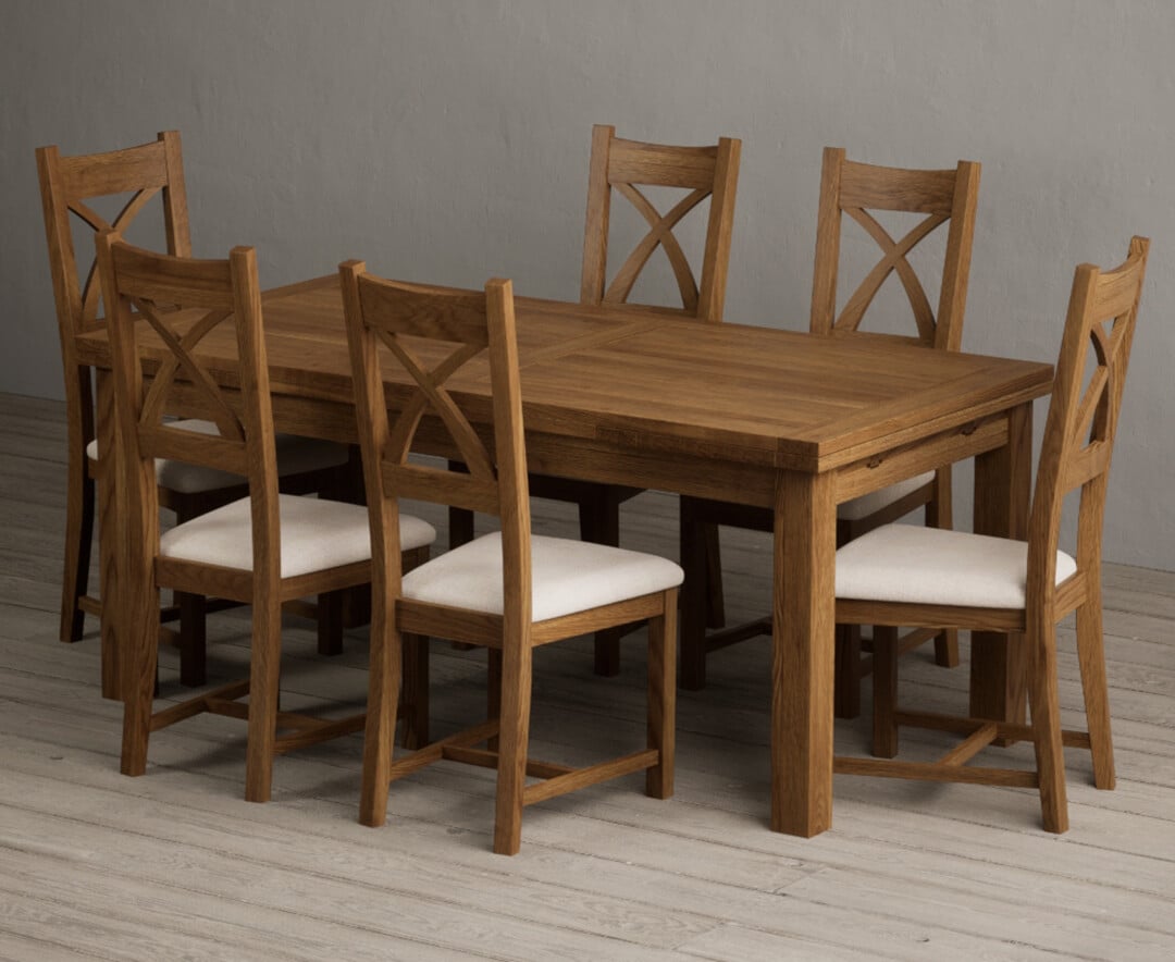 Extending Buxton 180cm Rustic Solid Oak Dining Table with 10 Brown Rustic Solid Oak Chairs