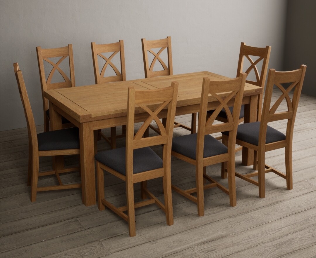 Extending Buxton 180cm Solid Oak Dining Table With 12 Charcoal Grey Natural Solid Oak Chairs