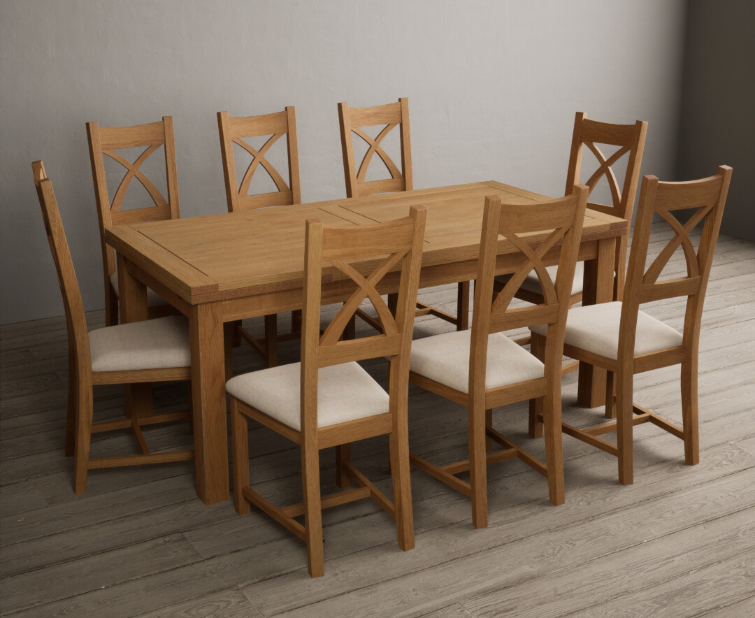 Extending Buxton 180cm Solid Oak Dining Table with 10 Brown Natural Solid Oak Chairs