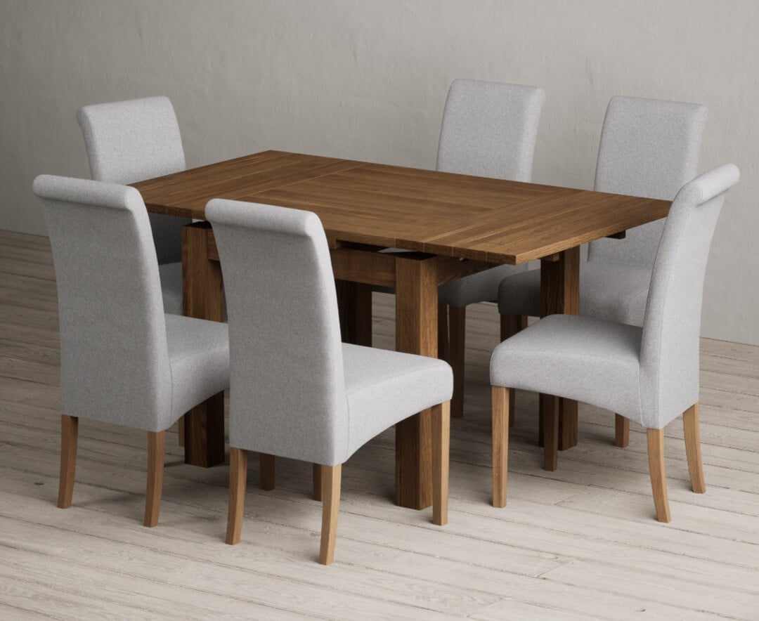 Extending Buxton 90cm Rustic Solid Oak Dining Table with 4 Charcoal Grey Scroll Back Chairs