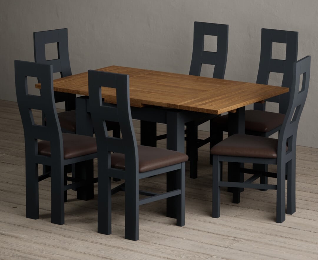 Extending Buxton 90cm Oak and Dark Blue Painted Dining Table with 4 Brown Painted Chairs