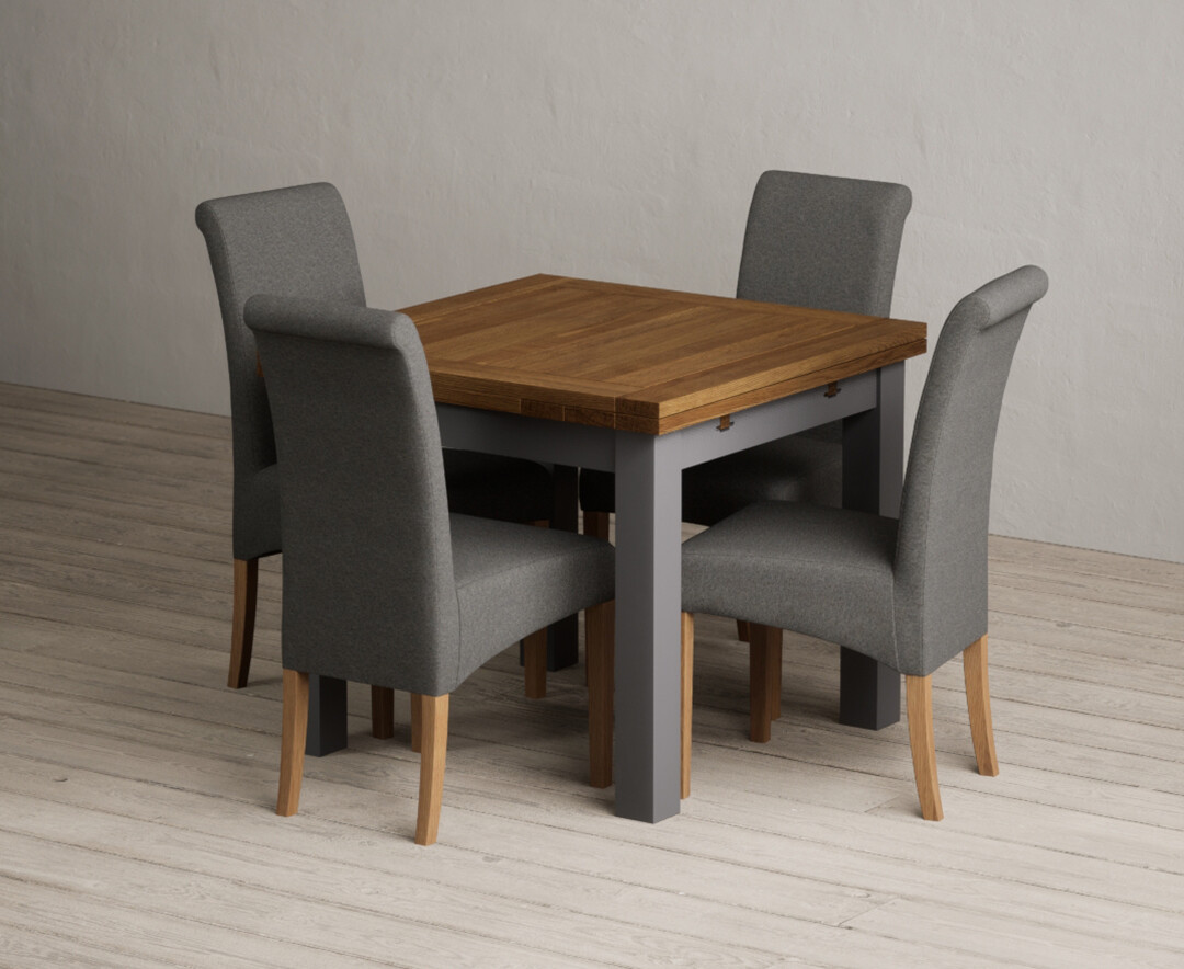 Extending Buxton 90cm Oak And Charcoal Grey Painted Dining Table With 6 Charcoal Grey Scroll Back Chairs