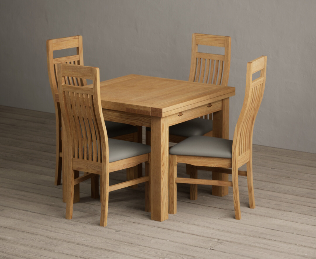 Extending Buxton 90cm Solid Oak Dining Table with 4 Grey Monroe Chairs