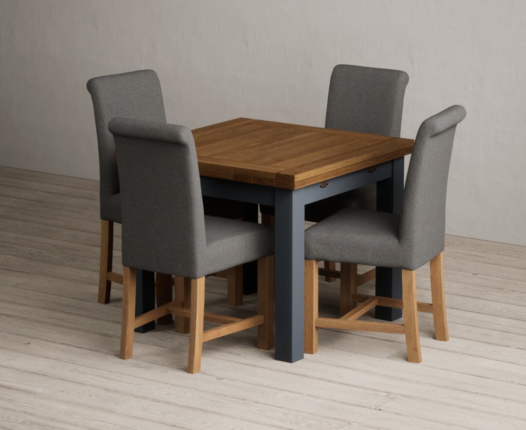 Extending Buxton 90cm Oak And Dark Blue Painted Dining Table With 4 Grey Braced Chairs
