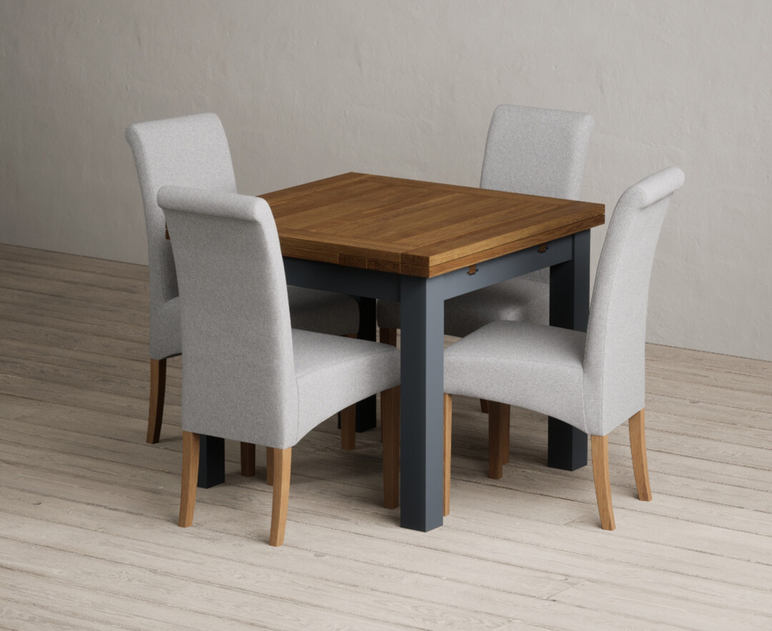 Extending Buxton 90cm Oak And Dark Blue Painted Dining Table With 6 Grey Scroll Back Chairs